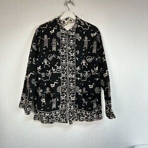 Womens Black White Vintage Wearable Art Button Up Reversible Shirt Jacket Small